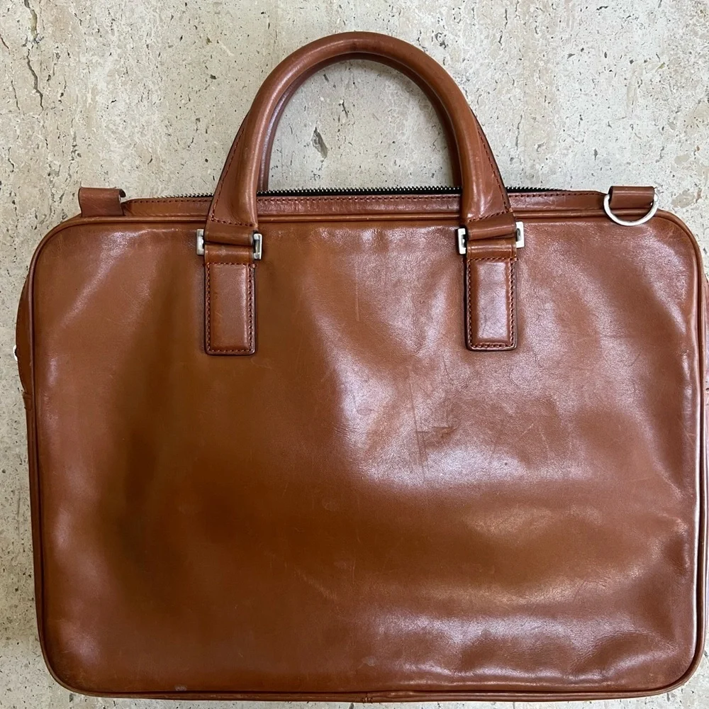 JACK SPADE Tan Solid Leather Briefcase Bag